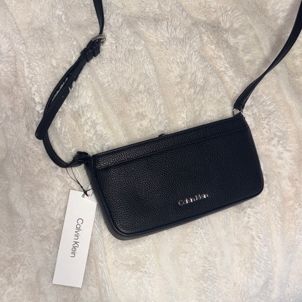 Calvin Klein Black Pebbled Leather Crossbody Pouch with Adjustable Strap